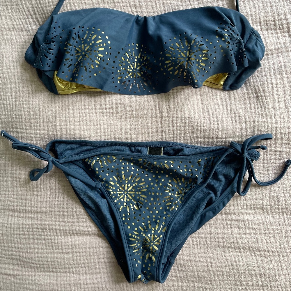 Blue & Gold Flutter Bandeau Top & String Bikini Bottom w Laser Cut Detailing